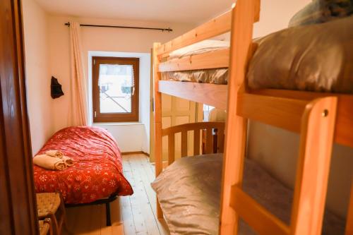 法尔西德COL DE RIF Appartamento Storico nelle Dolomiti的一间带一张双层床的卧室和一间带一张双层床的双层床间