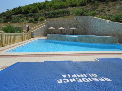 佩斯基奇Residence Olimpia的地面上一个蓝色垫子的大型游泳池