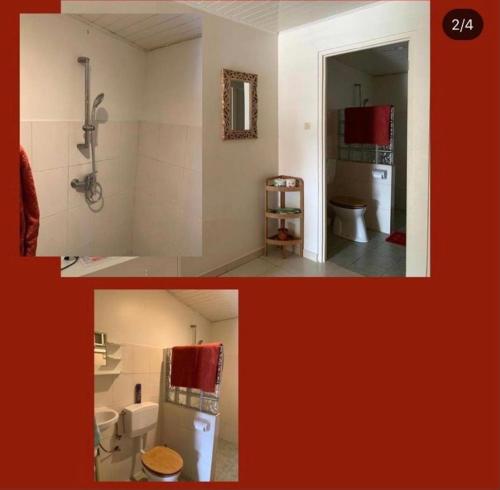 TamanredjoTAMAN INDAH RESORT的浴室的两张照片,配有卫生间和水槽