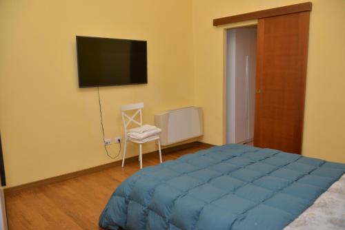 列蒂RIETINN的一间卧室配有蓝色的床、椅子和电视