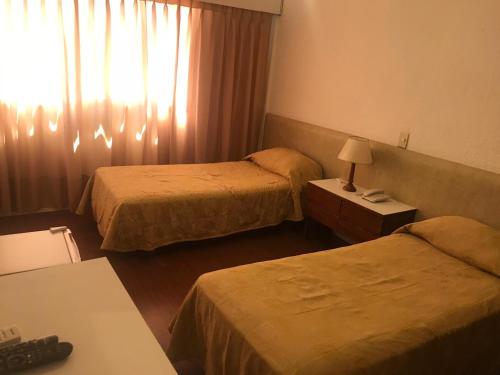 埃斯特角城Punta del Este Shelton Hotel的酒店客房设有两张床和窗户。