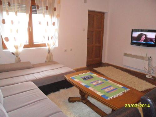 扎布利亚克萨拉公寓的带沙发、桌子和电视的客厅
