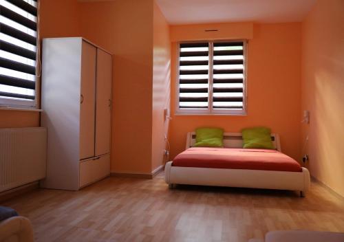圣路易Commealamaison的一间卧室拥有橙色的墙壁,配有一张带绿色枕头的床。