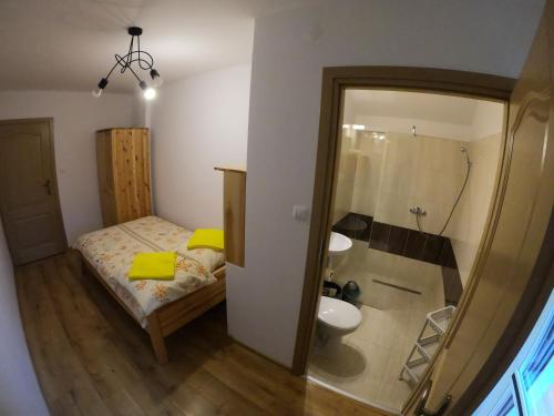 齐斯纳Sielski Zakątek的一间卧室配有一张床、一个水槽和淋浴