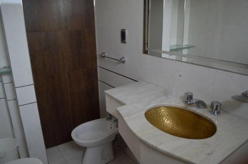 门多萨Hotel Petit的一间带金色水槽和卫生间的浴室