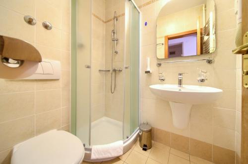克尔克Villa Lovorka - Hotel Resort Dražica的带淋浴、卫生间和盥洗盆的浴室