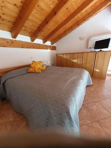 梅泽格拉策里斯特公寓酒店的一间带一张床的卧室,位于带木制天花板的房间内