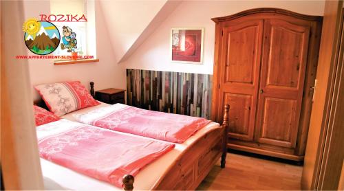 斯洛文尼亚格拉代茨罗兹卡公寓 的一间卧室配有一张床和一扇木门