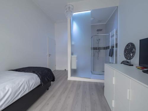 卢森堡EXECUTIVE SINGLE ROOM WITH EN-SUITE in GUEST HOUSE CITY CENTRE的带淋浴、床和电视的卧室