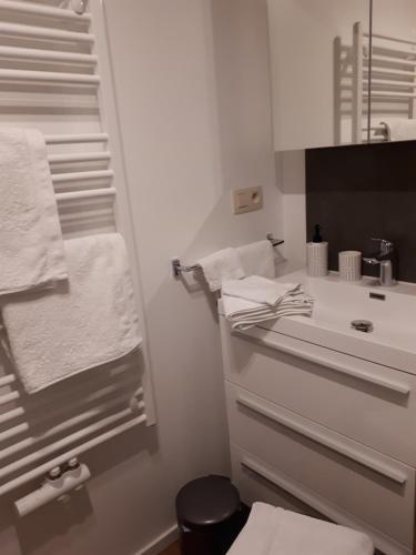 滑铁卢Studio La Rotonde的白色的浴室设有水槽和镜子