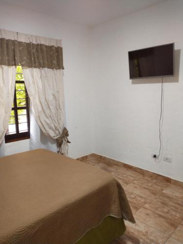 图努扬Departamentos Pachamama的一间卧室配有一张床和一台平面电视