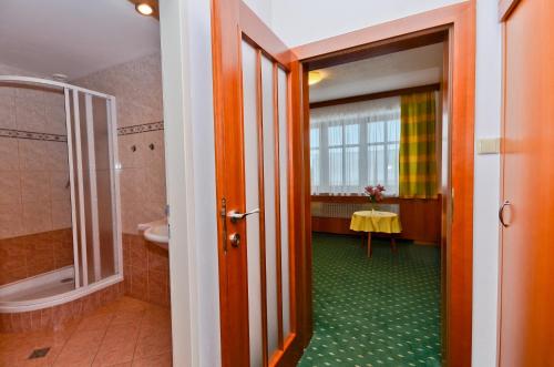 洪波莱茨科季扎酒店的设有带步入式淋浴间和盥洗盆的浴室