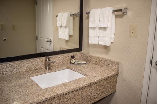 奥什科什Cobblestone Suites - Oshkosh的浴室配有盥洗盆、镜子和毛巾