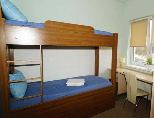 乌日霍罗德全景城市酒店的一间卧室配有一张双层床和一张书桌