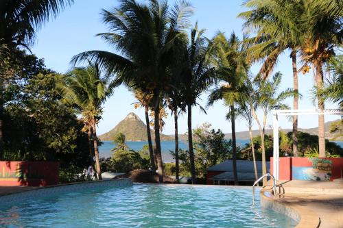 迭戈苏瓦雷斯Hotel De La Baie的棕榈树泳池和海景