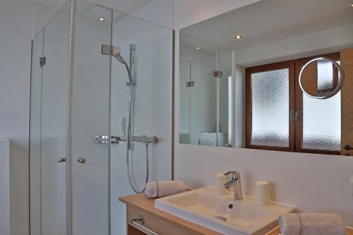 费尔兹姆斯雪儿科夫公寓酒店的浴室配有盥洗盆和带镜子的淋浴