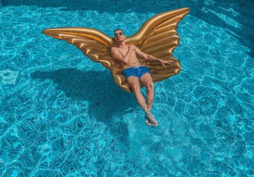 斯普利特Agava Lux Rooms&Pool的游泳池里有一个大型蝴蝶翼的人