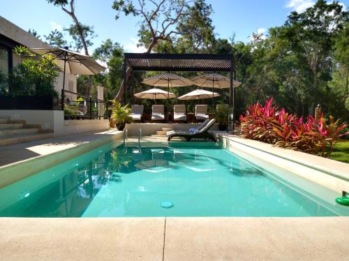 图卢姆Xaha Villas Suites & Golf Resort的庭院内带凉亭的游泳池