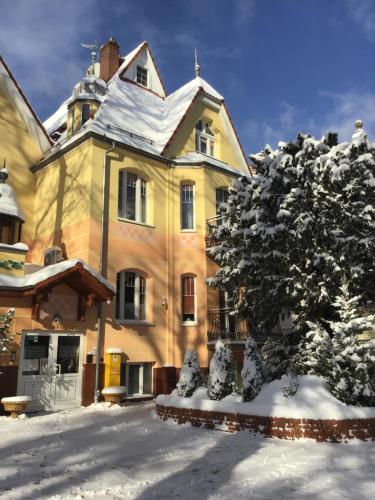 斯维诺乌伊希切西斯酒店的一座大黄色的建筑,地面上积雪