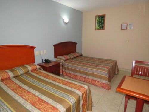 比亚埃尔莫萨Hotel San Juan Centro的酒店客房设有两张床和一张桌子。