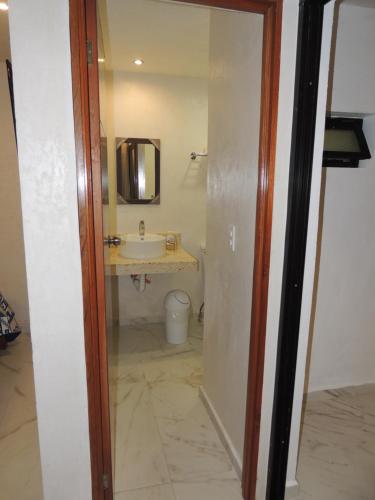 巴利亚多利德Hotel Boutique Bugambilias的一间带水槽和镜子的浴室