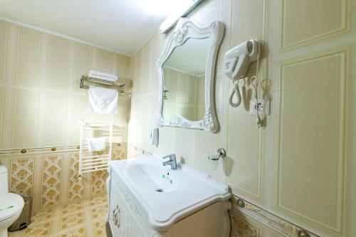 克拉约瓦鹤林中心酒店的白色的浴室设有水槽和镜子