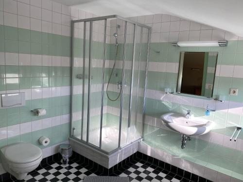 萨勒河畔哈雷Gästehaus am Klinikum的带淋浴、卫生间和盥洗盆的浴室