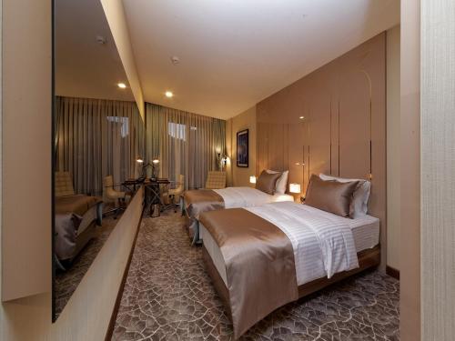 伊斯坦布尔潘迪卡娜拉酒店的酒店客房,设有两张床和镜子