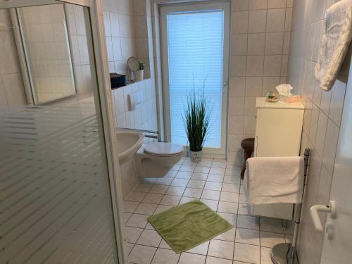 博尔滕哈根Nordwind的浴室配有卫生间、盥洗盆和淋浴。