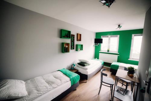 日拉尔杜夫Atmosfera的客厅设有绿色的墙壁和沙发