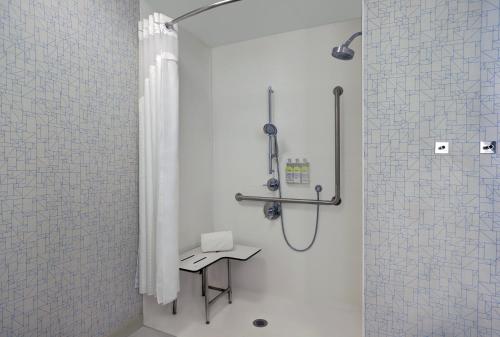 金斯顿Holiday Inn Express - Kingston West, an IHG Hotel的带淋浴的浴室和桌子