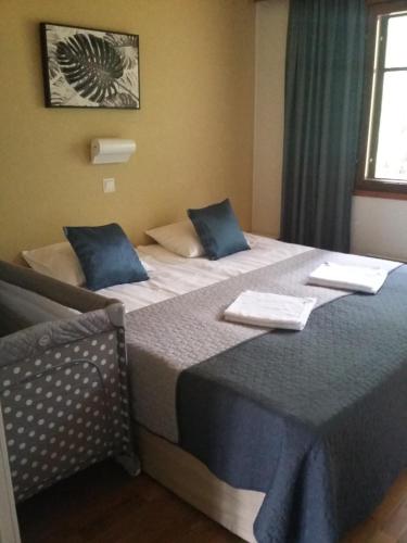 伊马特拉Saimaa Style Spa Chalet的两张位于酒店客房的床,配有蓝色枕头
