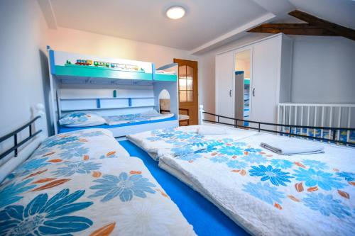 特热邦Ubytování Pod Světem-rodinný dům的卧室设有两张单人床,卧室内拥有蓝色和白色装饰。