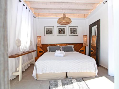 米克诺斯城Enalion Suites的卧室配有白色的床和吊灯。