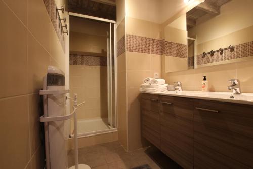 瓦尔Chalet Changalan的浴室配有水槽、淋浴和浴缸。