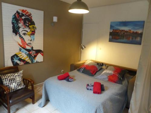 卡尔卡松Chez Jean - Newly renovated air-conditioned flat at the foot of the ramparts, 4 people的一间卧室配有一张壁画床