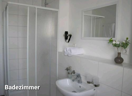 特劳恩罗伊特Gästehaus Traunreut - Monteur und Gästezimmer -的白色的浴室设有水槽和镜子