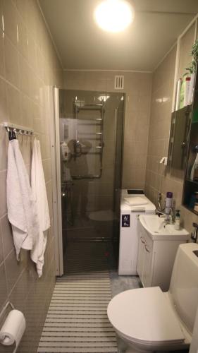 瓦尔考斯Laivalinnankatu的带淋浴、卫生间和盥洗盆的浴室