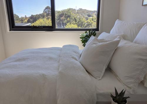 奥尔伯里The Botanical 301的白色的床、白色枕头和窗户