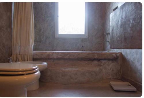 查克拉斯德科里亚Exquisita habitación en suite en el corazón de Chacras de Coria的带浴缸、卫生间和窗户的浴室