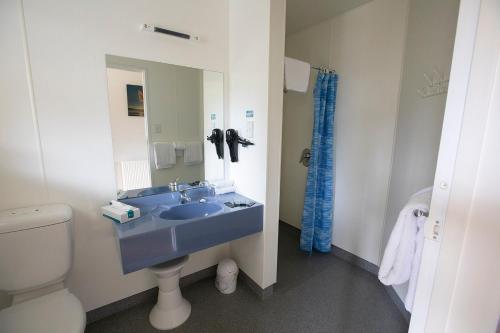 半月湾The Bay Motel的浴室配有蓝色水槽和卫生间。