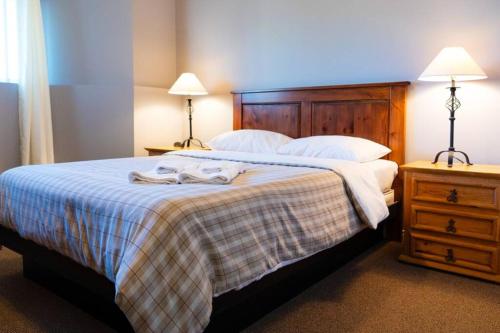 圣弗朗索瓦小河Chalet panoramique (unité du bas) : Spa, vue et Massif的一间卧室配有一张带毯子和两盏灯的床。