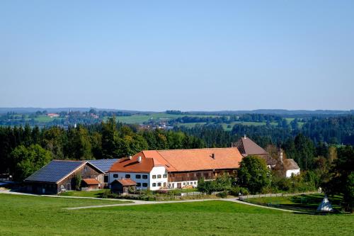 HuglfingGut Grasleiten的绿色田野中房屋的空中景观