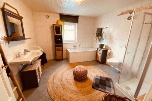 OrtenbergGemütliche Landhaus Wohnung auf dem Ponyhof - Himmelbett, Kamin & Garten的一间带水槽、卫生间和淋浴的浴室