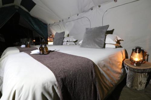 察嫩Sable Creek Safari Lodge的卧室配有一张白色大床和两盏灯。