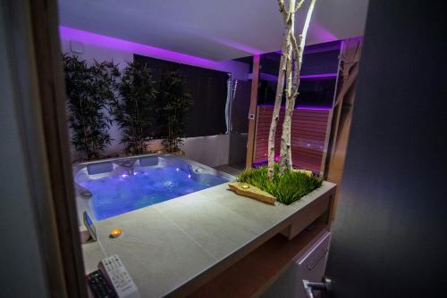 大戈里察Hotel Cool Zagreb Airport的浴室设有按摩浴缸,配有植物和紫色灯