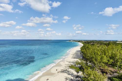 拿骚Riu Palace Paradise Island - Adults Only - All Inclusive的享有树木繁茂的海滩和海洋的空中景致