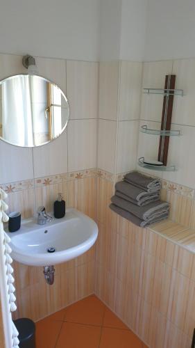 GustowIdylle im Grünen的浴室配有盥洗盆、镜子和毛巾