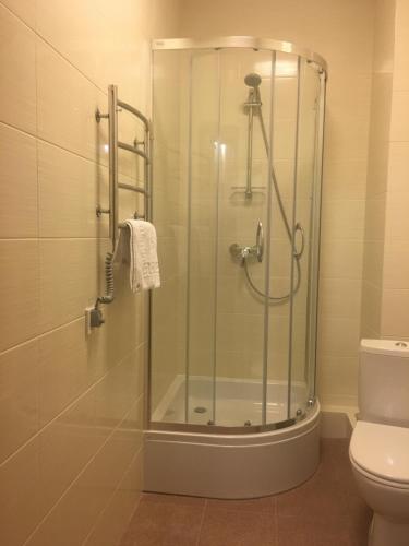 捷尔诺波尔Passage Hotel的一间带卫生间的浴室内的玻璃淋浴间