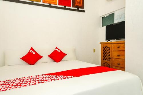 卡波圣卢卡斯OYO Hotel Cabo Del Sur, Cabo San Lucas的一间卧室配有一张带红色枕头的床和一台电视。